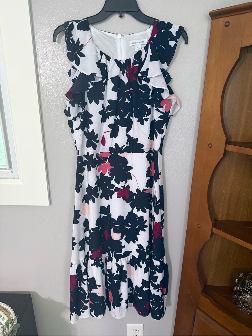 Liz Claiborne White Floral Midi Dress with Navy and Pink Accents